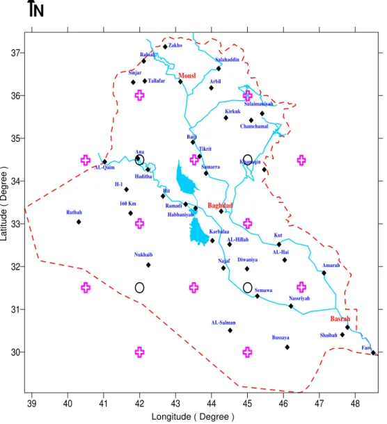 Figure 2.Grid data points (cross shape) and the calculated points (circle shape) 