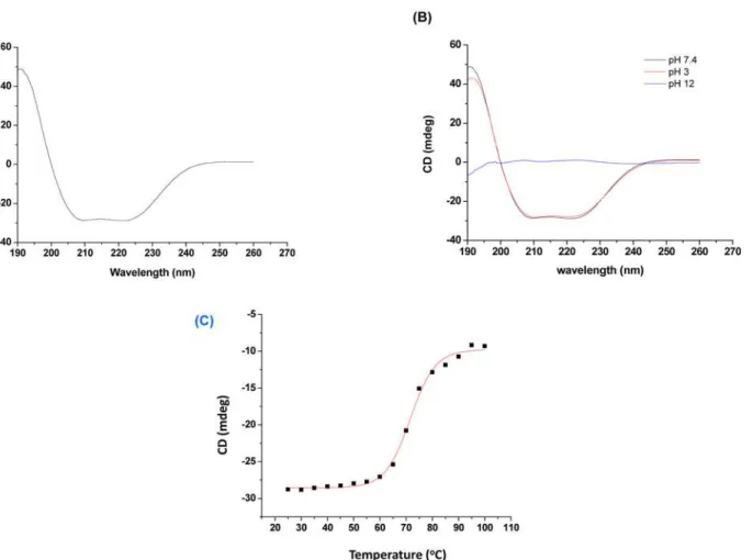 Fig 4. Far-UV circular dichroism (CD) spectra of daboxin P (0.4 mg/ml). (A): in milli q water at 25°C, (B): at different pH (3.0, 7.4 &amp; 12) at 25°C