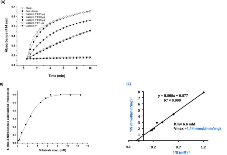 Fig 5. Phospholipase A 2 activity of daboxin P. (A) Progress curve of diheptanoyl thio-PC cleavage by daboxin P, bee venom PLA 2 enzyme and histidine modified daboxin P * at 414 nm