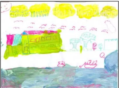 Figura 3: Representação da casa à beira do rio, chuva,  meios de transporte, água utilizada para o  banho e lavar as roupas e ainda o 