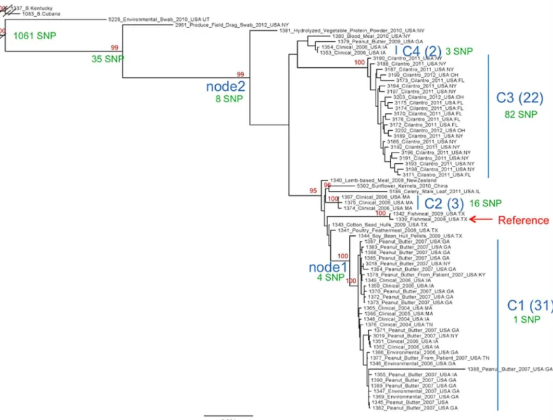 Fig 2. Cladogram of S . Tennessee serovar diversity showing major clades C1-C4, and the number of SNPs (in green) defining and residing within each clade.