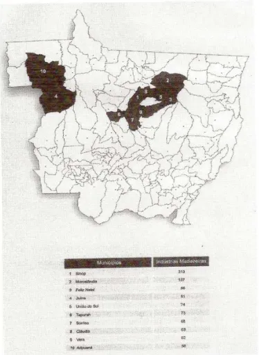 Figura 01 - Os dez maiores municípios produtores de madeira no estado de Mato Grosso  Fonte: MATO GROSSO – Anuário Estatístico, 2003