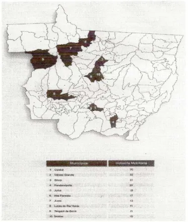 Figura 02 – Os maiores municípios com indústrias madeireiras no estado de Mato Grosso  Fonte: MATO GROSSO – Anuário Estatístico, 2003
