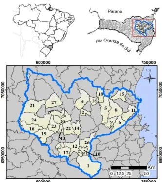 Figura 2: Localização da bacia hidrográfica do rio Itajaí Açu e   dos municípios pesquisados (indicados na tabela 1) 