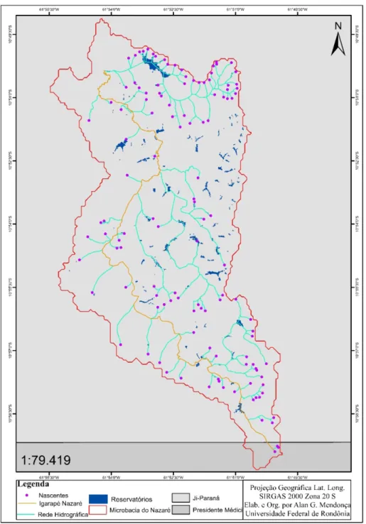 Figura 3. Mapa de localização de nascentes e reservatórios na microbacia do Nazaré.