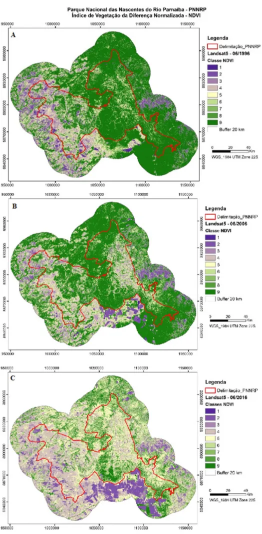 Figura 2. Mapa da cobertura vegetal do Parna das Nascentes do Rio Parnaíba e sua representação com NDVI  para os anos de A) 1996, B) 2006 e C) 2016.