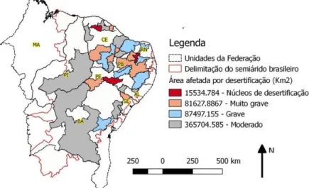 Figura 5. Áreas afetadas por desertificação (km 2 ) e classificação quanto ao estágio de degradação das terras no  semiárido brasileiro.