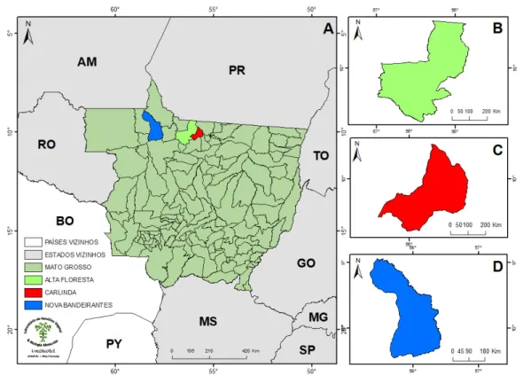 Figura 1. Localização geográfica dos municípios de Alta Floresta (B), Carlinda (C) e Nova Bandeirantes (D),  ambos localizados no norte do estado de Mato Grosso.