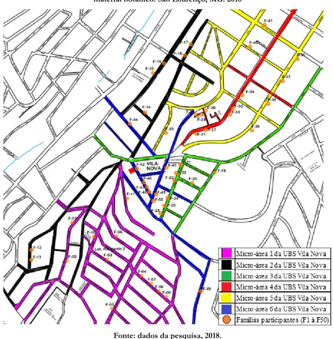 Figura 1. Mapa de atendimento da UBS Vila Nova e suas respectivas micro-áreas com locais de coleta do  material botânico