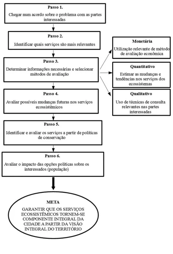 FIGURA 1. Passos (ou etapas) para estudo de serviços ecossistêmicos nas cidades. Modificado do Manual TEEB  (2011)