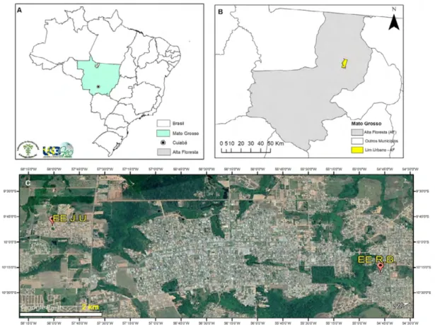Figura 1.  Localização geográfica das comunidades escolares participantes da pesquisa, Alta Floresta, Mato  Grosso, Brasil.