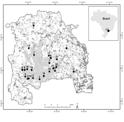 Figura 1: Localização, tamanho e classificação (PU – Parque Urbano; PNM – Parque Natural Municipal; APP – Área de  Preservação Permanente; AFC – Área Florestada de Condomínio) dos 23 fragmentos florestais estudados na cidade de 