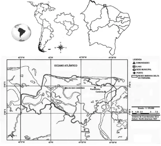 Figura 1 – Mapa de localização da comunidade Passarinho com a delimitação da área da RESEX Marinha do Delta do  Parnaíba, Ilha das Canárias, Araióses/MA.