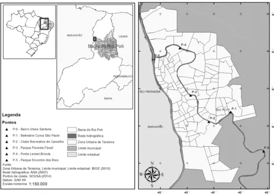 Figura 1 - Localização dos pontos de coleta no rio Poti, perímetro urbano de Teresina – Piauí.