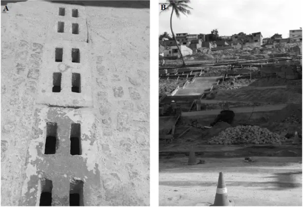 Figura 2 - A) Caneletas de captação de águas pluviais e B) Obras de revitalização da encosta (escadaria) no Bairro de  Mãe Luiza, Natal, RN