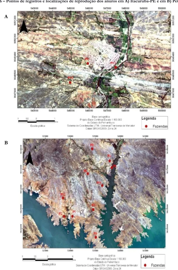 Figura 6 – Pontos de registros e localizações de reprodução dos anuros em A) Itacuruba-PE e em B) Petrolândia-PE.