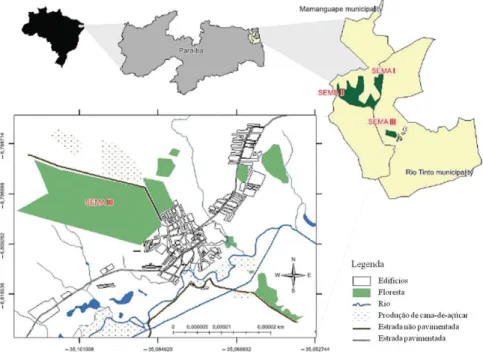 Figura 1- Mapa da área de estudo, mostrando o litoral norte da Paraíba com os municípios de  Mamanguape e Rio Tinto, destacando os três fragmentos de Mata Atlântica da 