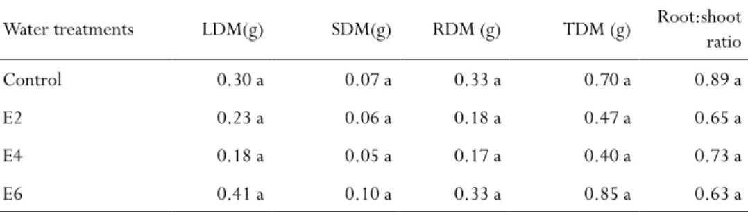 Table 1 - Leaf (LDM), stem (SDM), root (RDM) and total (TDM) dry matter and root to shoot ratio of  H