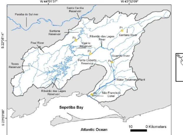 Figure 2. Study site: Sepetiba bay Watershed. P indicates sampling stations, 2013-2014