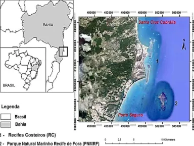 Figura 1. Mapa da região de estudo evidenciando os recifes de coral  frequentados pelos pescadores de polvo de Porto Seguro e Santa Cruz  Cabrália  –  Bahia,  Brasil