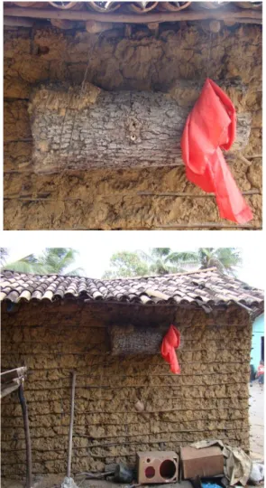 Figura  6  e  7.    À  esquerda:  pano  vermelho  posto  sobre  o  cortiço  visando  acalmar  a  colônia  nos  momentos  de  enxameação