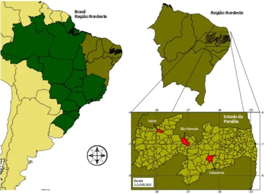 Figura 1. Mapa de ubicación de los municipios de Cabaceiras, Lagoa y São  Mamede, Paraíba, Nordeste Brasileño.
