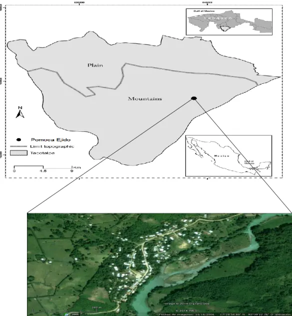 Figure 1. Location of the State of Tabasco and the Pomoca Ejido in Tacotalpa. 