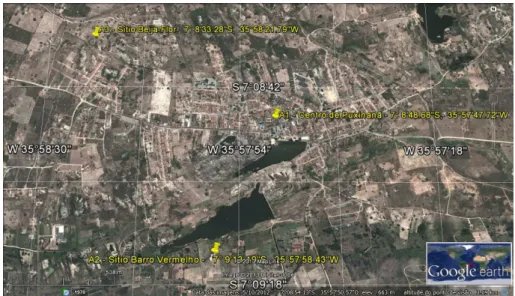 Figura 2. Imagem de satélite do município de Puxinanã, PB, destacando, em  amarelo, as áreas estudadas