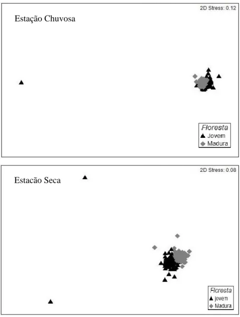 Figura  2.  Ordenação  formada  após  análise  de  Escalonamento  Multidimensional  (NMDS)  das  espécies  germinadas  no  banco  de  sementes  germináveis  do  solo  em  áreas  de  floresta  jovem  e  madura, para cada estação climática (chuvosa e seca), 