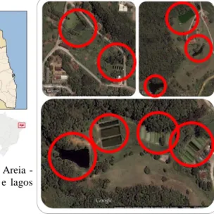 Figura 1 – Mapa com a localização do Município de Areia -  Paraíba  –  Brasil.  A  direita,  Tanques  de  piscicultura  e  lagos  situados no Campus II – UFPB – Areia – PB