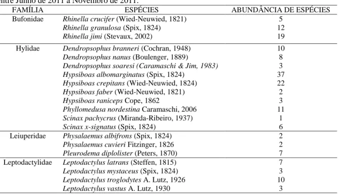 Tabela 1: Lista das espécies e abundância dos anfibios anuros registrados  no campus II da UFPB  entre Junho de 2011 à Novembro de 2011