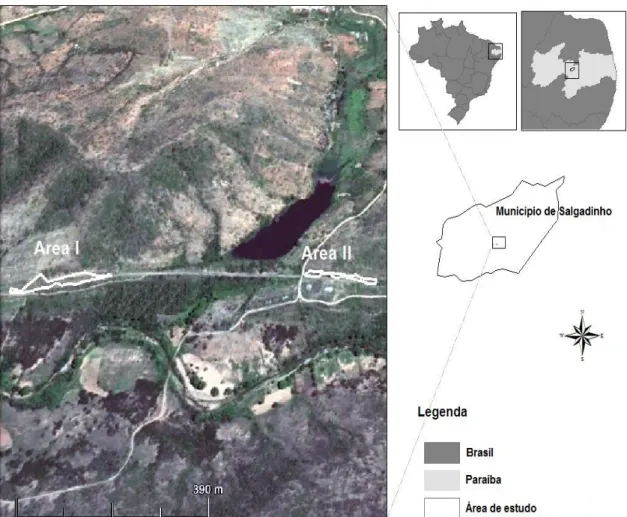 Figura  1.  Mapa  da  localização  das  duas  áreas  de  Caatinga  utilizadas  no  estudo,  no  município de Salgadinho – PB, Nordeste, Brasil