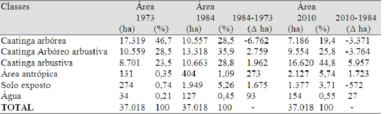 Tabela  1.  Diferentes  classes  de  cobertura  do  solo  e  respectivas  áreas  ocupadas  no  Complexo  Serrano João do Vale, nos anos de 1973, 1984 e 2010