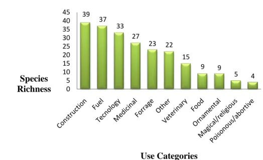 Figure  3.  Distribution  of  the  richness  of  species  in  the  use  categories according to use by the Capivara community, Solânea  city (Paraíba, Northeastern Brazil)