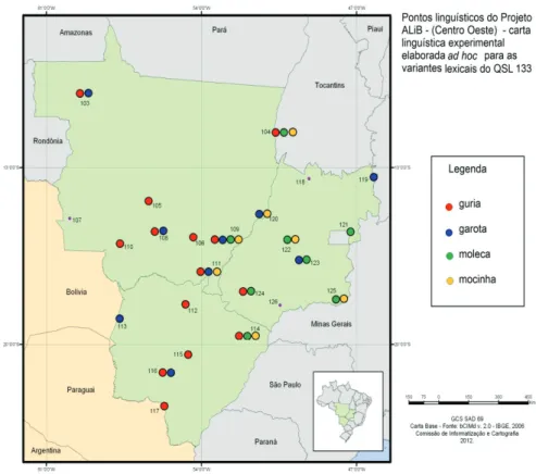 FIGURA 3 - Distribuição diatópica das quatro variantes lexicais mais produtivas na rede  de pontos da região Centro-Oeste - Fonte: Banco de dados do ALiB (2013)