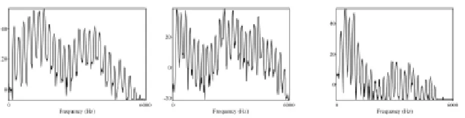 FIGURE 9 - Sample spectra for the three Pirahã vowel categories (from left to right: /a/, /i/, /o/.