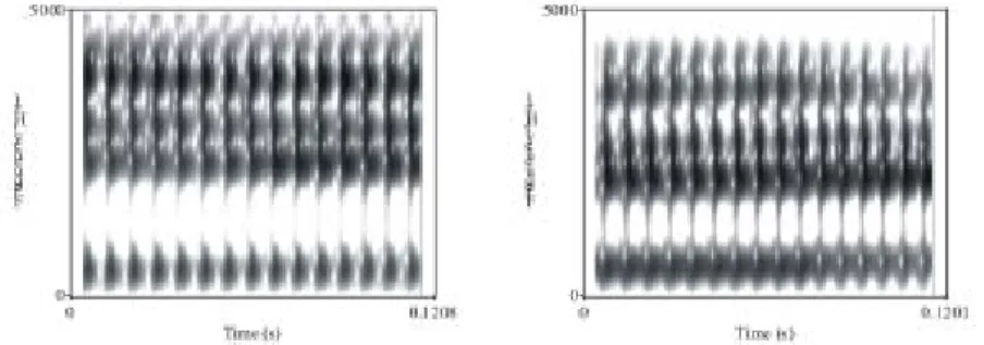 FIGURE 1 - Spectrograms for tokens of /i/ (left) and /o/ (right).
