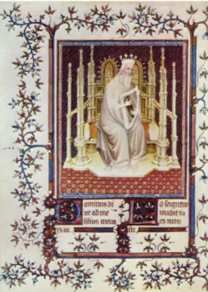 Figure  2:  King  David  sitting  on  a  throne  with  short  orange  linen  (illustration)