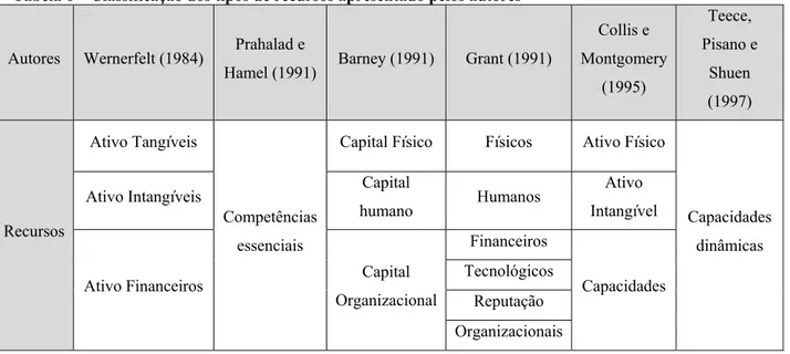 Tabela 6 – Classificação dos tipos de recursos apresentado pelos autores 