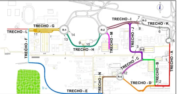 Figura 2: Indicação dos trechos da malha viária do campus da UEL no ano de 2017 e dos pontos de ônibus