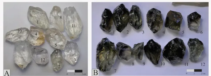 Figura 4 - Em a) amostras de quartzo natural e em b) após irradiação gamma de 900 kGy