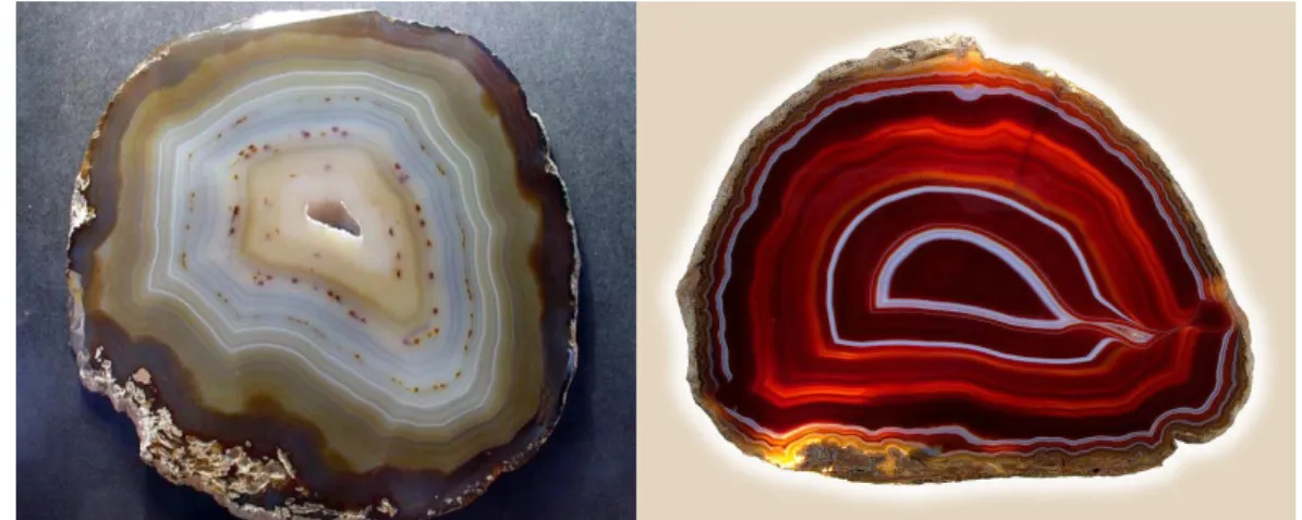 Figura 1: Geodos de ágata cortada, bruto e tingida na cor vermelha. 