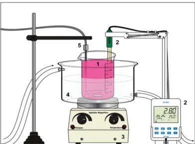 Figura 4: Esquema de reator empregado para realização dos experimentos. Onde: 1) reator contendo o efluente, 2)  pHmetro (Hanna®), 3) agitador magnético, 4) banho termostático e 5) termômetro