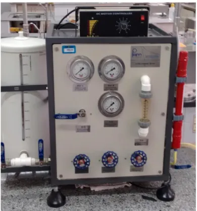 Figure  2  shows  a  picture  of  the  microfiltration  and  ultrafiltration  bed  system,  and  Figure  3  presents a representative scheme of the experimental unit, showing the main equipment used: pump,  valves, tanks, flowmeter, membranes, etc