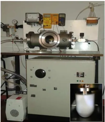 Figura 3: Reator finalizado. No detalhe a base onde é gerado o plasma com o isolamento de teflon