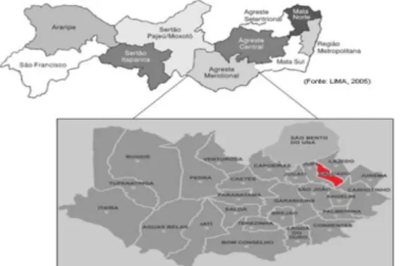 Figura 01 – Mapa dos municípios do Agreste Meridional de Pernambuco, destacando o município de Calçado