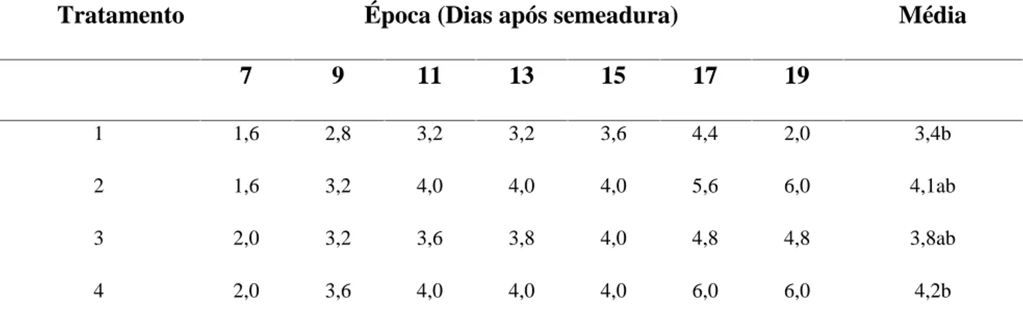 Tabela 3. Médias de folhas por plantas de soja  oriundas de sementes tratadas com diferentes produtos,  nas  diferentes  épocas