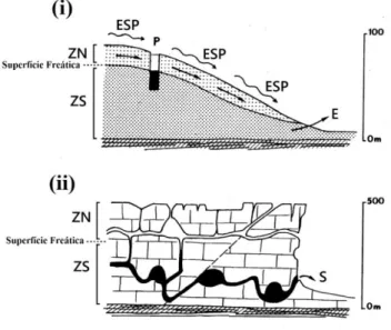 Figura 2 – Migrações da água em ambientes não cárstico (i) e cárstico (ii)