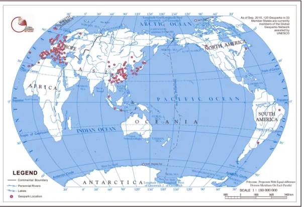 Fig. 2 - Mapa de localização dos geoparques que integram a Rede Gobal da UNESCO  http://www.globalgeopark.org/homepageaux/tupai/6513.htm