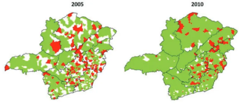 FIGURA 3  - IN023 – Índice  de atendimento urbano de  água (%)  Fonte: Os mapas apresentam  informações do SNIS, dos  anos 2005 e 2010.